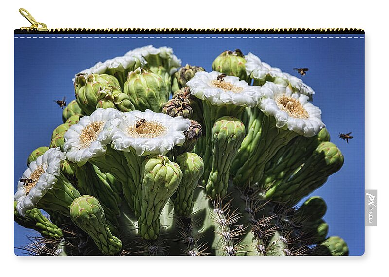 Saguaro Cactus Zip Pouch featuring the photograph The Busy Little Bees on the Saguaro Blossoms by Saija Lehtonen