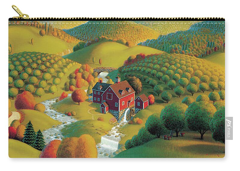 Fall Panorama Autumn Landscape Cider Mill Rural Scenes Apple Orchards Wysocki Like Orchards Prints Babbling Brooks Rolling Hills Fall Paintings Fall Scene Seasonal Paintings Seasonal Prints Fall Paintings Fall Prints Regionalism Grant Wood Folk Painting Folk Realism Painting Americana Prints Americana Paintings Stone Bridge Country Paintings Country Roads Acrylic Paintings Autumn Paintings Nostalgic Paintings Seasonal Paintings Zip Pouch featuring the painting The Cider Mill by Robin Moline