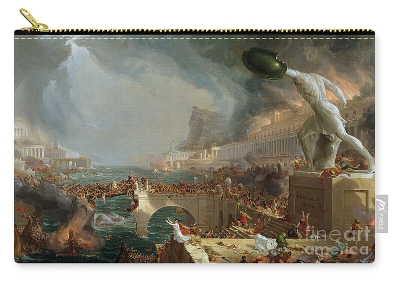 Destroy; Attack; Bloodshed; Soldier; Ruin; Ruins; Shield; Monument; Bridge; Classical Architecture; Galleon; Barbarian; Barbarians; Possibly Fall Of Rome; Hudson River School; Statue Zip Pouch featuring the painting The Course of Empire - Destruction by Thomas Cole
