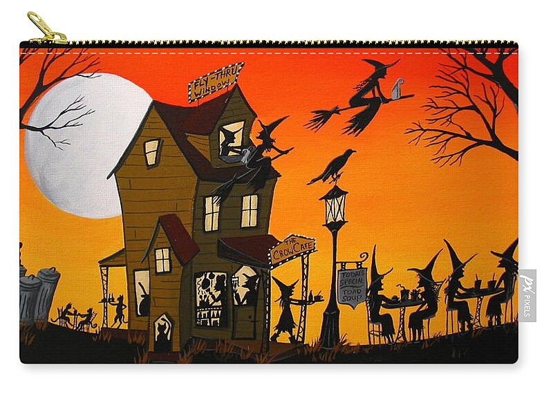 Art Zip Pouch featuring the painting The Crow Cafe - Halloween witch cat folk art by Debbie Criswell
