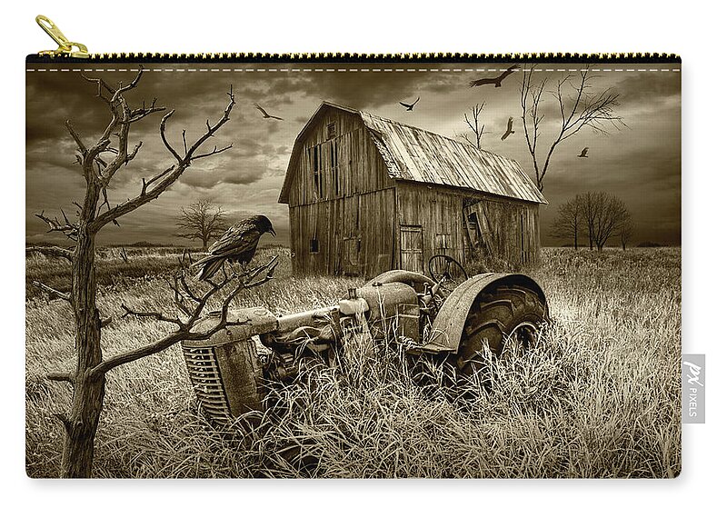 Art Zip Pouch featuring the photograph The Decline and Death of the Small Farm in Sepia Tone by Randall Nyhof