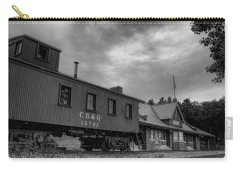 Railroad Zip Pouch featuring the photograph The Depot Under Cloudy Skies Black and White by Dale Kauzlaric