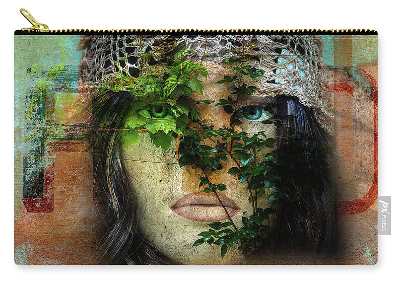 Face Zip Pouch featuring the digital art The face with the green leaves by Gabi Hampe