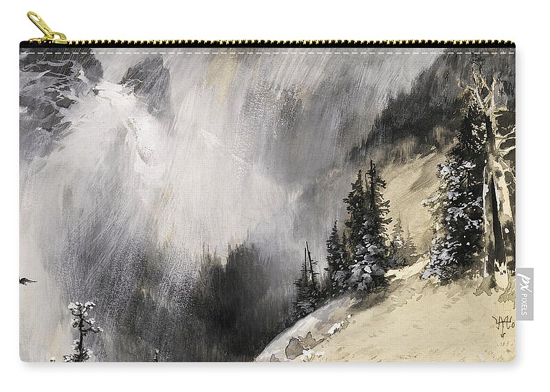 Thomas Moran Zip Pouch featuring the painting The falling flakes mountain scene. Yosemite a mountain snowfall by Thomas Moran