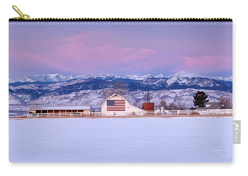 Mountains Zip Pouch featuring the photograph The Flag Barn and the Mountains by Ronda Kimbrow