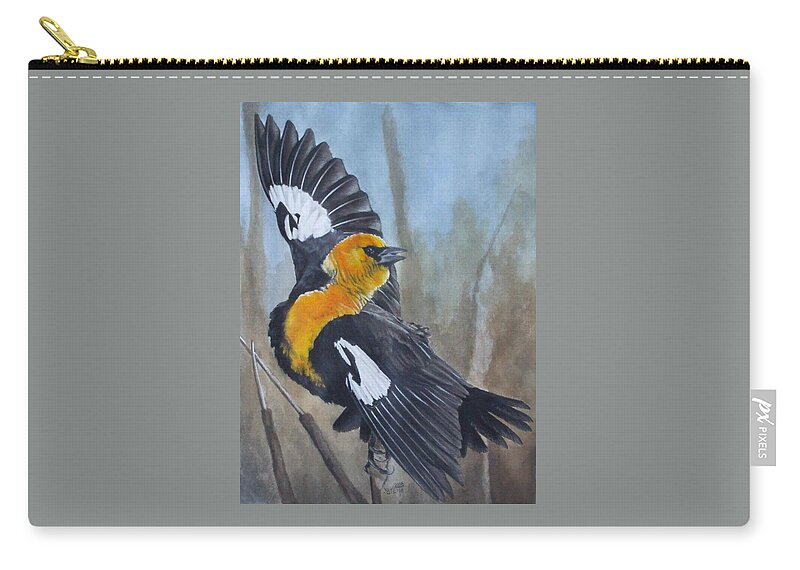 Yellow Headed Blackbird Zip Pouch featuring the painting The Flirt by Barbara Keith