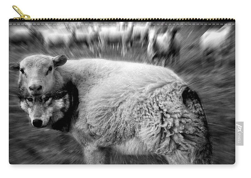 Flock Of Sheep Zip Pouch featuring the digital art The Flock Is Safe grayscale by Marian Voicu