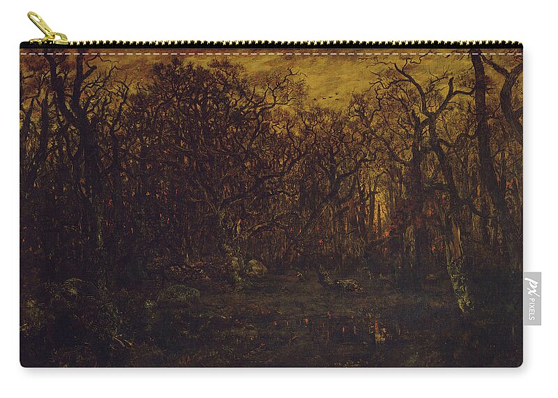 The Forest In Winter At Sunset Zip Pouch featuring the painting The Forest in Winter at Sunset by Rousseau