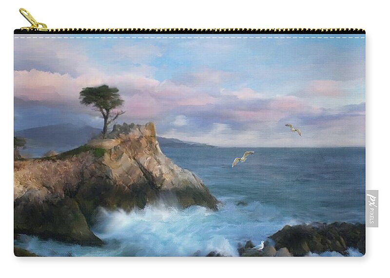 The Lone Cypress Zip Pouch featuring the mixed media The Gritty Lone Cypress Tree by Colleen Taylor