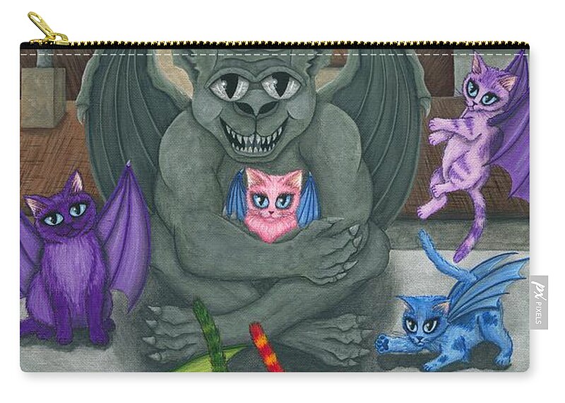 Winged Cat Zip Pouch featuring the painting The Guardian Gargoyle AKA The Kitten Sitter by Carrie Hawks