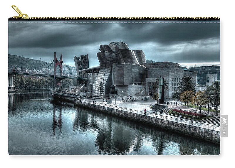 Spain Bilbao Guggenheim Museum Basque Country Frank Gehry Contemporary Architecture Nervion River City Daring And Innovative Curves Building Exterior Spectacular Building Deconstructivism Ferrovial Clad In Glass Carry-all Pouch featuring the photograph The Guggenheim Museum Bilbao Surreal by Andy Myatt