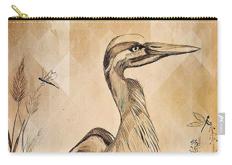 The Heron Zip Pouch featuring the drawing The Heron by Maria Urso