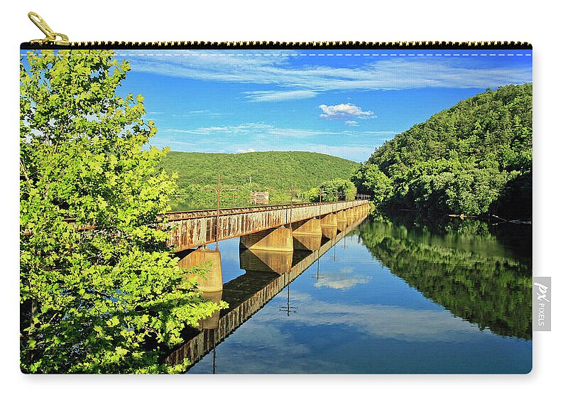 Train Tracks Zip Pouch featuring the photograph The James River Trestle Bridge, Va by The James Roney Collection