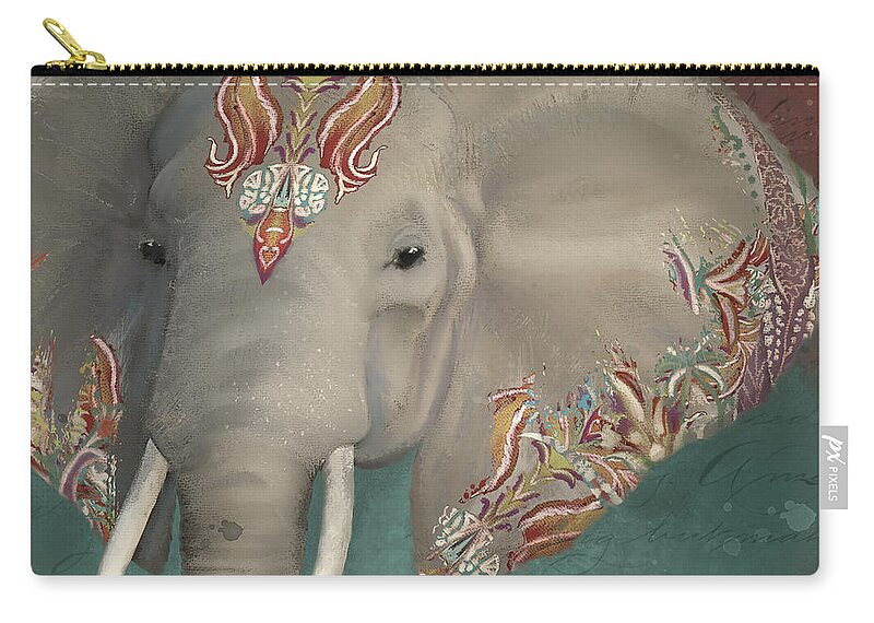 The King Elephant Zip Pouch featuring the painting The King - African Bull Elephant - Kashmir Paisley Tribal Pattern Safari Home Decor by Audrey Jeanne Roberts