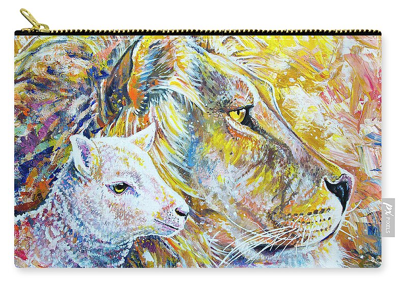 Lion Zip Pouch featuring the painting The Lion and the Lamb by Aaron Spong