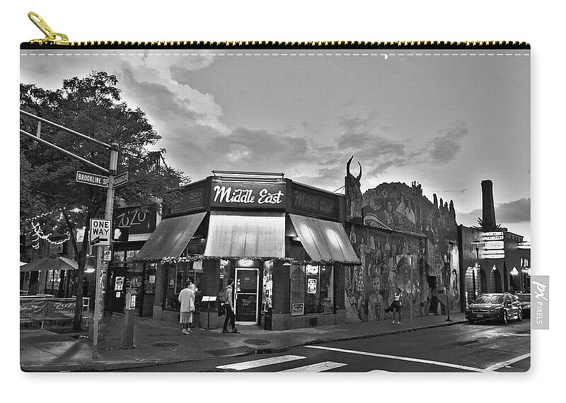 Middle East Zip Pouch featuring the photograph The MIddle East in Central Square Cambridge MA Black and White by Toby McGuire