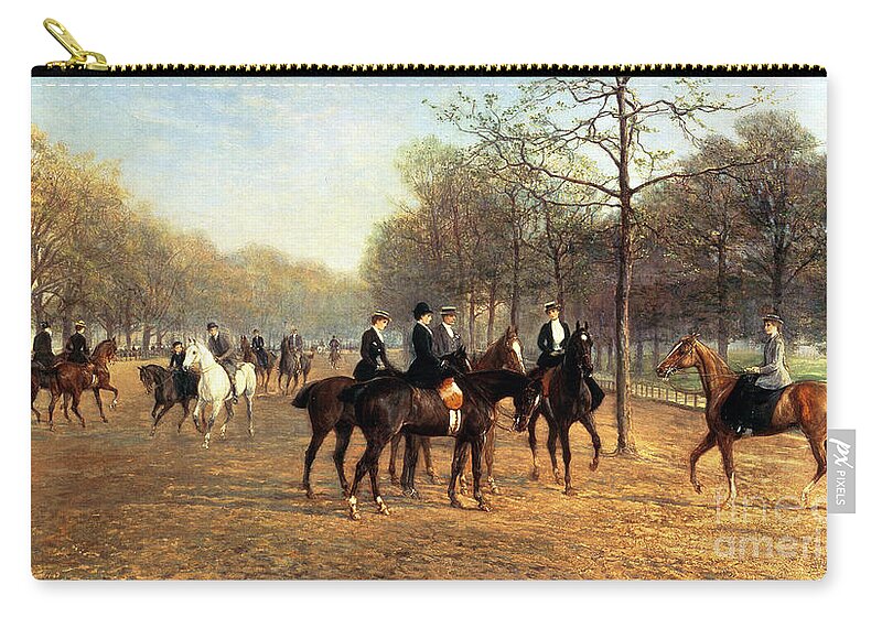 Riding; Exercise; Social; London; Horse; Rider; Leisure Zip Pouch featuring the painting The Morning Ride Rotten Row Hyde Park by Heywood Hardy