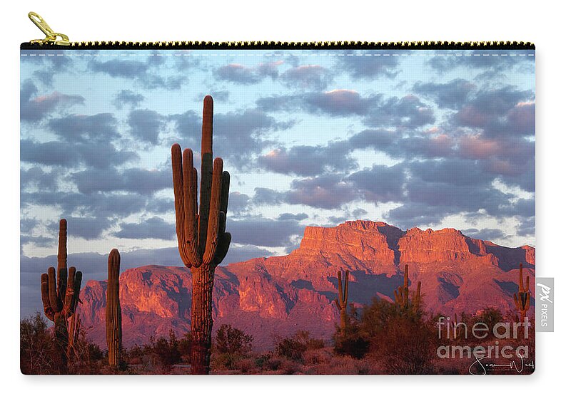Superstition Mountains Zip Pouch featuring the photograph The Mountain is Pink Time to Drink, Superstitions AZ by Joanne West