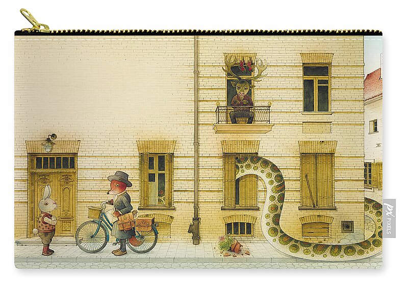 Snake Illustration Children Book Rabbit Fox Fairy Tale Zip Pouch featuring the drawing The Neighbor around the Corner02 by Kestutis Kasparavicius