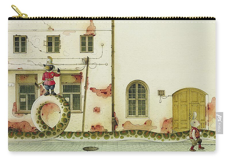 Snake Raven Rabbit Illustration Children Book Fairy Tale Street House Windows Zip Pouch featuring the drawing The Neighbor around the corner03 by Kestutis Kasparavicius