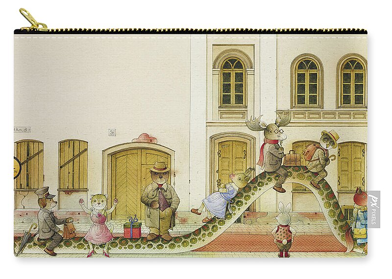 Snake Buss Stop Old Town Street Animals House Traffic Illustration Children Book Rabbit Fox Bear Cat Deer Dog Goat Owl Zip Pouch featuring the painting The Neighbor around the Corner07 by Kestutis Kasparavicius