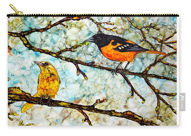 Oriole Zip Pouch featuring the painting The Pair 1 by Jan Killian