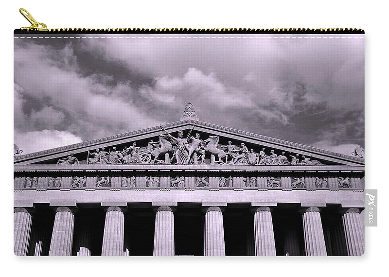 The Parthenon In Nashville Tennessee Black And White Zip Pouch featuring the photograph The Parthenon In Nashville Tennessee Black And White by Lisa Wooten