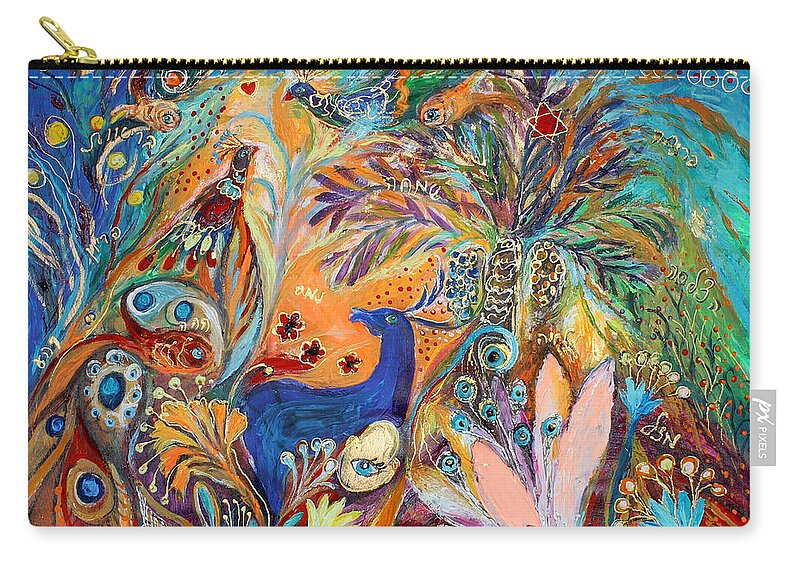 Judaica Zip Pouch featuring the painting The Peacocks and Blue Deer by Elena Kotliarker
