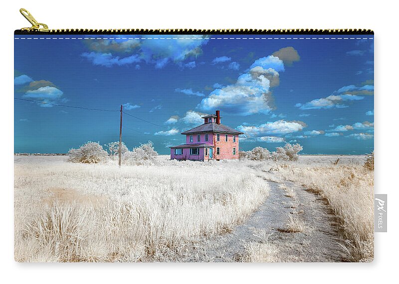 Hale Spectrum Halespectrum Halespectrum2.0 2.0 Clouds Cloudy Bush Bushes Trees Sky Grass Color Infrared Colour Ir Infra Red Outside Outdoors Nature Natural Partial Architecture Brian Hale Brianhalephoto Ma Mass Massachusetts U.s.a. Usa The Pink House Cape Elizabeth Plum Island Double Exposure Iconic Historic Zip Pouch featuring the photograph The Pink House in HaleSpectrum 2 by Brian Hale