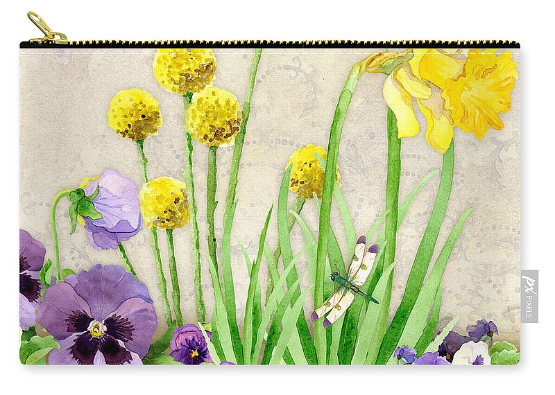 Pansy Zip Pouch featuring the painting The Promise of Spring - Dragonfly by Audrey Jeanne Roberts