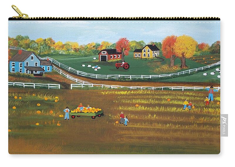 Grandma Moses Zip Pouch featuring the painting The Pumpkin Patch by Virginia Coyle