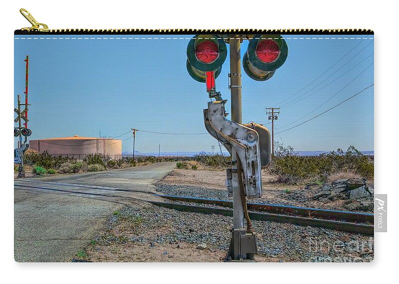 Railway Crossing; Railroad Crossing; Train Crossing; Union Pacific; Freight Train; Yellow; Blue; Green; Red; Water Storage; Train Tracks; Train Signal; Mojave Desert; Mohave Desert; Antelope Valley; Joe Lach; Zip Pouch featuring the photograph The Railway Crossing by Joe Lach