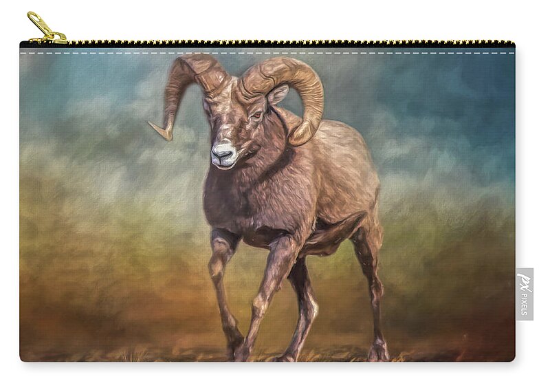 Sheep Zip Pouch featuring the mixed media The Ram by Teresa Wilson