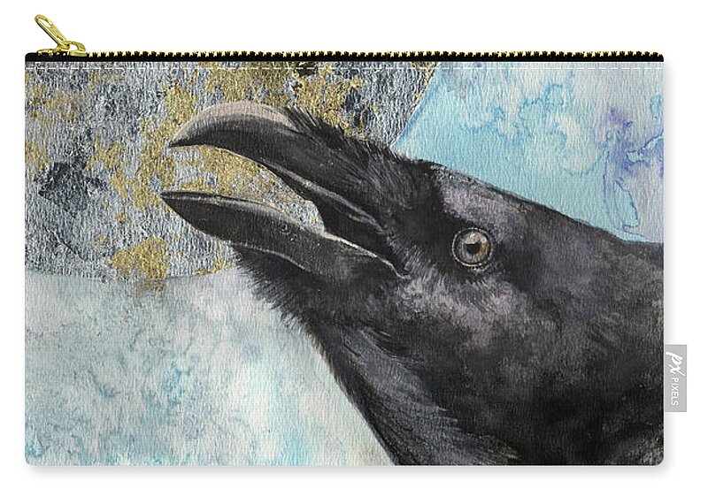 Raven Zip Pouch featuring the painting Raven and the Moon 2017 03 09 by Ang El