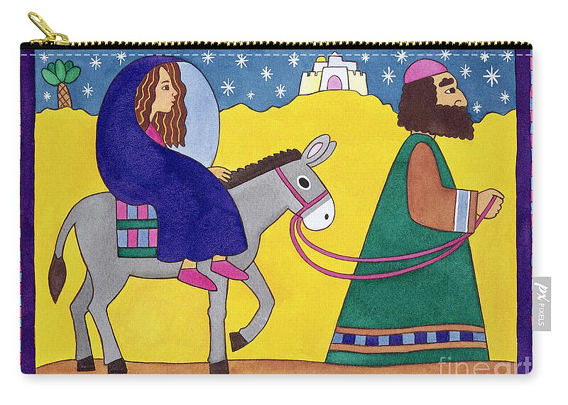 Donkey; Cloak; Palm Tree; Desert; Leading; Bethlehem Zip Pouch featuring the painting The Road to Bethlehem by Cathy Baxter