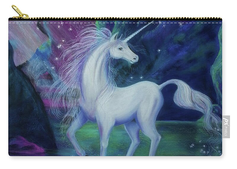 Unicorn Fantasy Purple Blue Green Aqua Turquoise Fuchsia Sparkly Sparkles Horse Pony Horn Beautiful Magic Magical Mystical Mystic Scotland Zip Pouch featuring the painting The Sentinel by Brenda Salamone