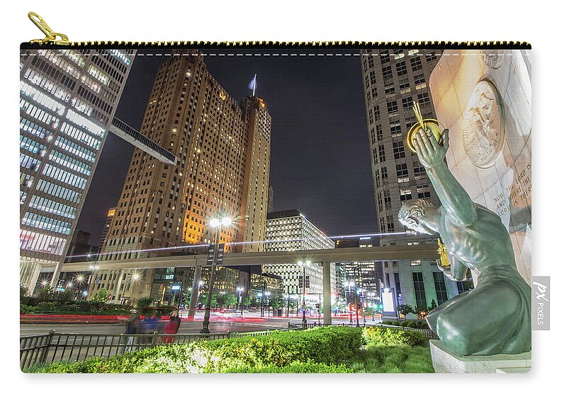 Detroit Zip Pouch featuring the photograph The SPIRIT looking on in Downtown Detroit by Jay Smith