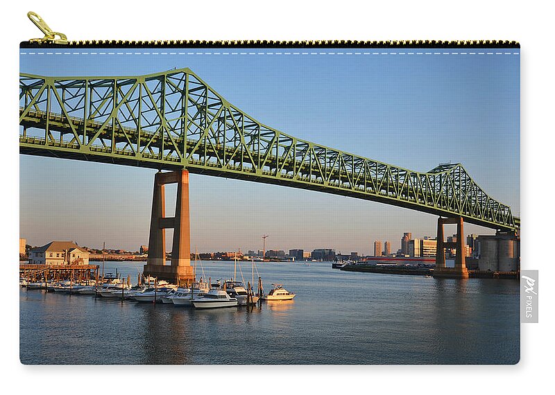 Boston Zip Pouch featuring the photograph The Tobin Bridge Into the Sunset Chelsea Yacht Club by Toby McGuire