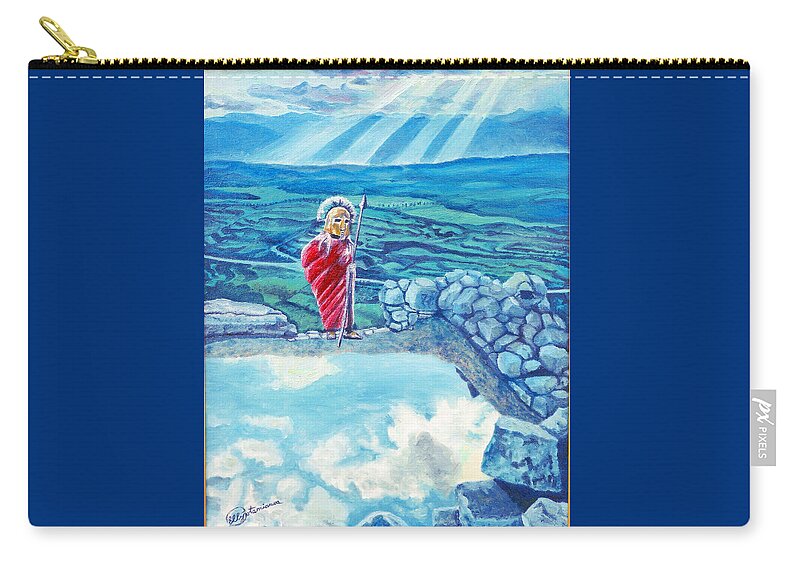 Surrealism Zip Pouch featuring the painting The Transcending Spartan Soldier by Elly Potamianos