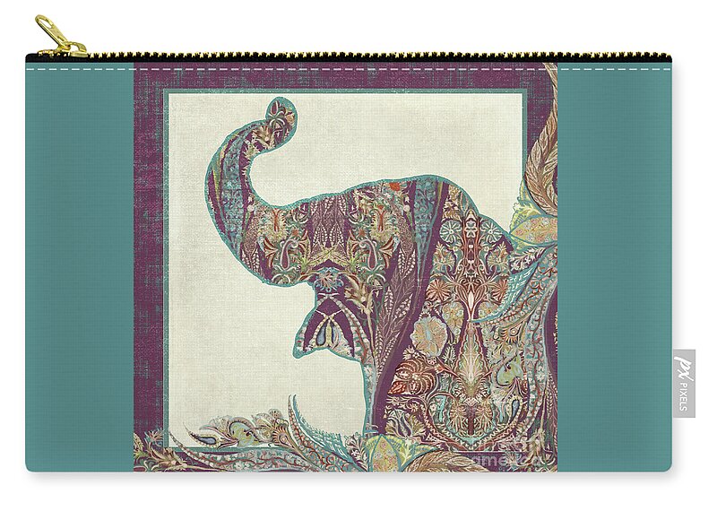 Elephant Head Zip Pouch featuring the painting The Trumpet - Elephant Kashmir Patterned Boho Tribal by Audrey Jeanne Roberts