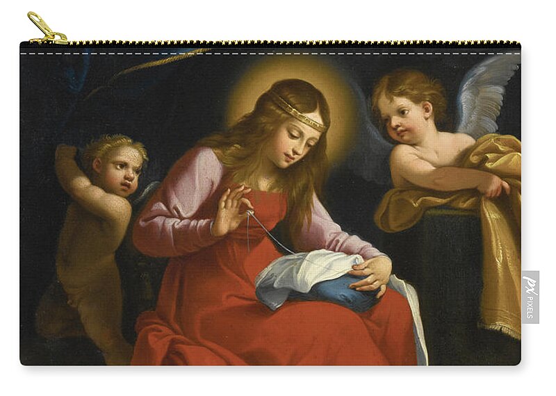 Studio Of Guido Reni Zip Pouch featuring the painting The Virgin sewing by Studio of Guido Reni