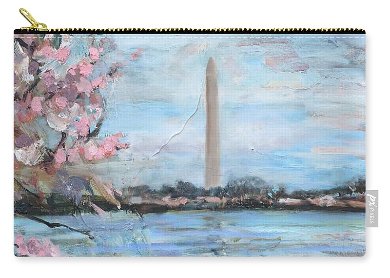 Capitol Zip Pouch featuring the painting The Washington Monument at Cherry Blossom Festival Painting by Donna Tuten