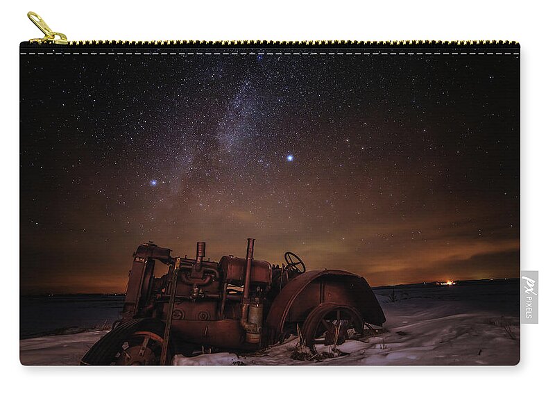 Astro Landscape Scenic Stars Milky Way Winter Antique Tractor Nd Night Night Sky Zip Pouch featuring the photograph The Witness by Peter Herman