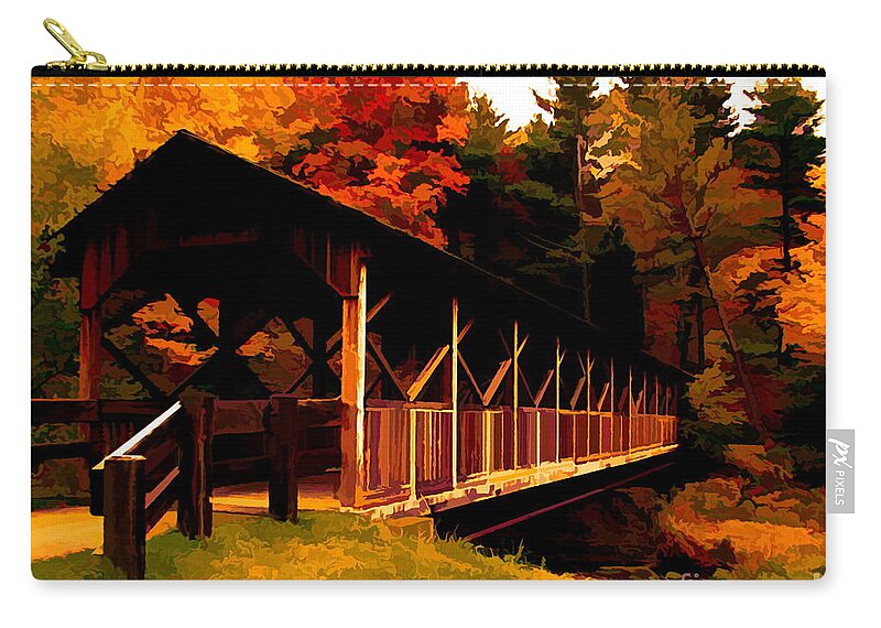 Thomas L Kelley Covered Bridge Allegany State Park Molten Gold Effect Zip Pouch featuring the photograph Thomas L Kelley Covered Bridge Allegany State Park Molten Gold Effect by Rose Santuci-Sofranko