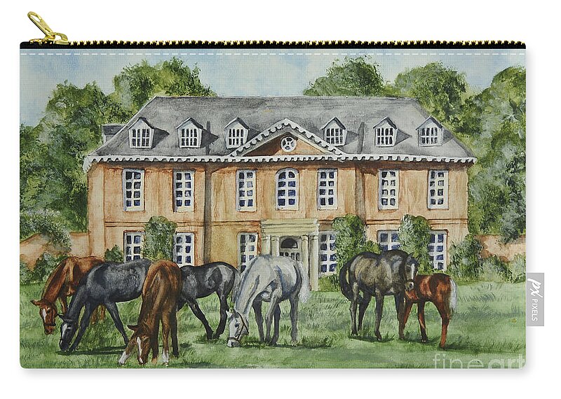 Thoroughbred Horses Zip Pouch featuring the painting Thoroughbreds Grazing At Squerryes Court by Charlotte Blanchard