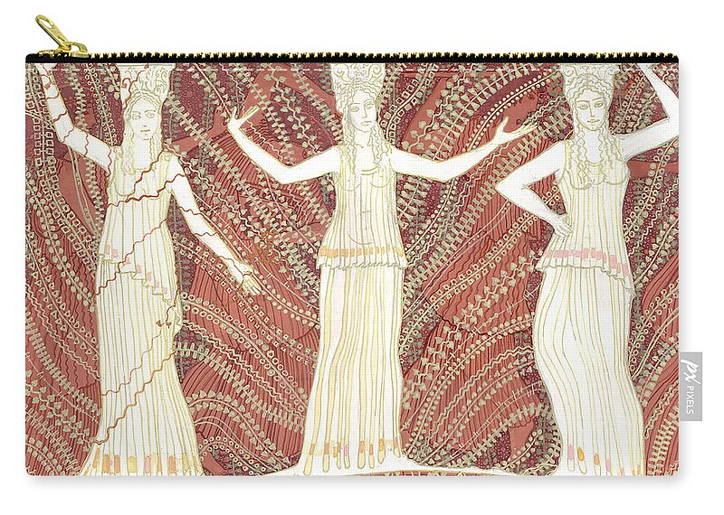 Ancient Greece Zip Pouch featuring the painting Greece, cariatides and bacchantes, terracotta and white, decorative painting by Julia Khoroshikh