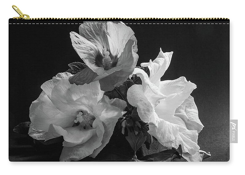 Flowers Zip Pouch featuring the photograph Three Hibiscus Monochrome by Jeff Townsend