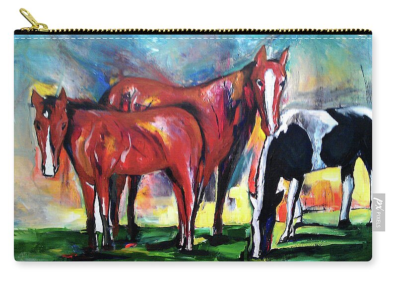 Horse Portraits Zip Pouch featuring the painting Three Horses Sunny Day by John Gholson