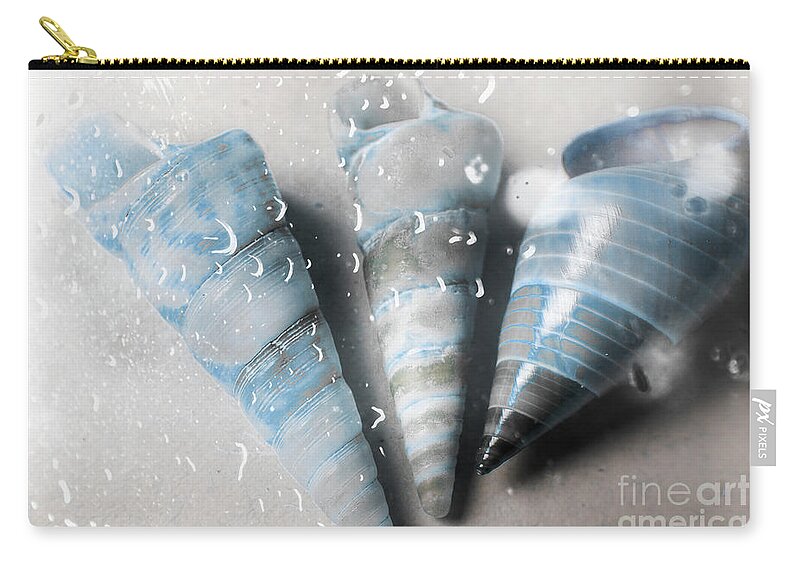 Aquatic Zip Pouch featuring the photograph Three little trumpet snail shells over gray by Jorgo Photography
