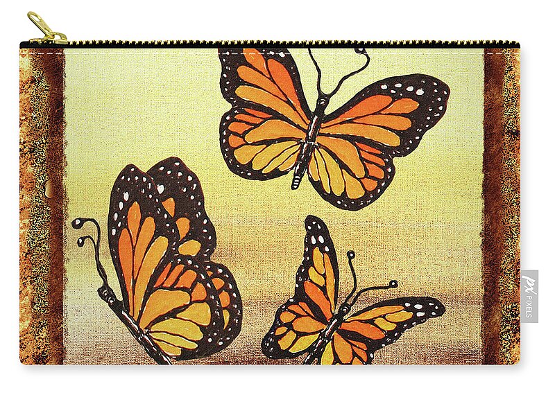 Monarch Butterfly Carry-all Pouch featuring the painting Three Monarch Butterflies by Irina Sztukowski